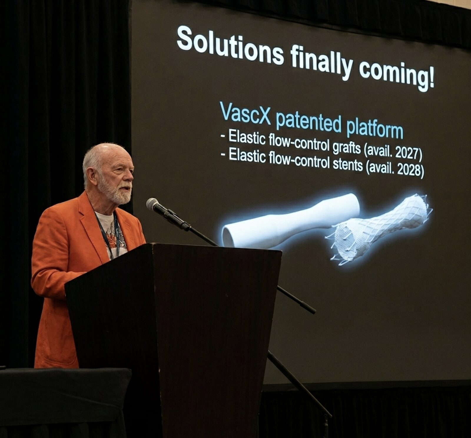 Dr. John Ross presenting at VASA with a slide describing the VascX patented platform, elastic flow-control grafts, and elastic flow-control stents.
